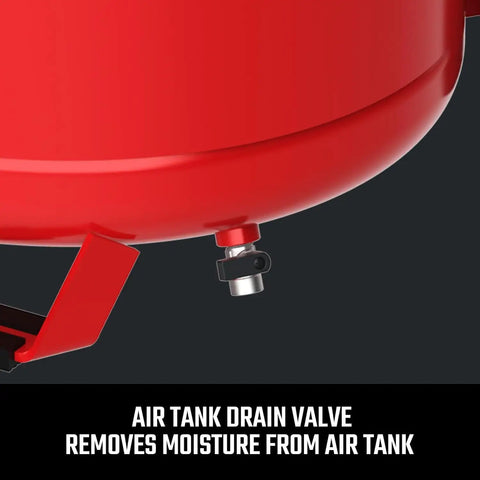 Close-up of Air Tank Drain Valve on Heavy Duty 12 Gallon Air Compressor for moisture removal from tank.