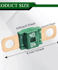 Heavy Duty 40 Amp Bolt On Automotive Fuses Copper Clad High Current Battery Protection Fork Terminal Quick Install RVs Trailers showing size and dimensions.