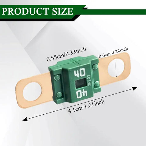 Heavy Duty 40 Amp Bolt On Automotive Fuses Copper Clad High Current Battery Protection Fork Terminal Quick Install RVs Trailers showing size and dimensions.