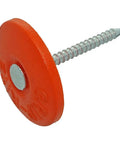 Pro Grade Electro Galvanized Steel Plastic Cap Nails Boasting Wide Round Heads And Ring Shank For Dead Tight Lockdown 1 1/4 Inch Collated Fasteners 2000 Count showing orange cap and threaded shank