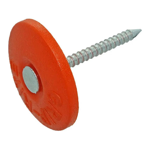 Pro Grade Electro Galvanized Steel Plastic Cap Nails Boasting Wide Round Heads And Ring Shank For Dead Tight Lockdown 1 1/4 Inch Collated Fasteners 2000 Count showing orange cap and threaded shank