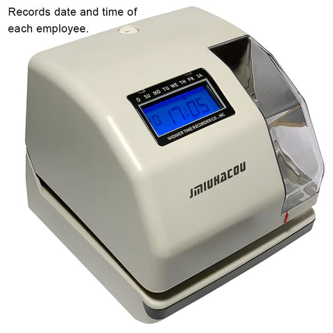 Top Tier Digital Time Stamp And Electronic Time Clock Featuring Custom Date Number Seal For Office Documents Slick Self Inking Design, compact design with blue LED display.