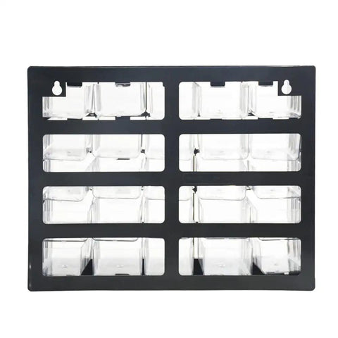 Front view of Plastic 25-Drawer Parts Storage Organizer Box for Small Hardware, black frame, clear drawers.