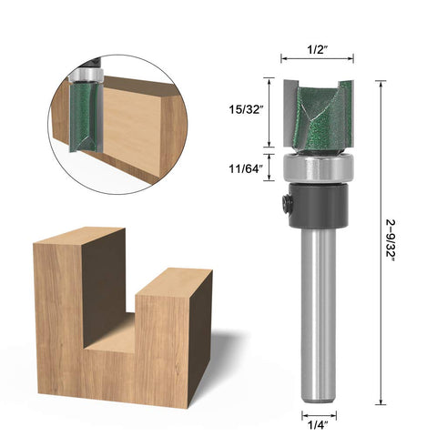 Four Piece Straight Router Bit With Bearing For Flush Trim And Grooving, One Quarter Inch Shank, Carbide YG6 Tip, with dimensions