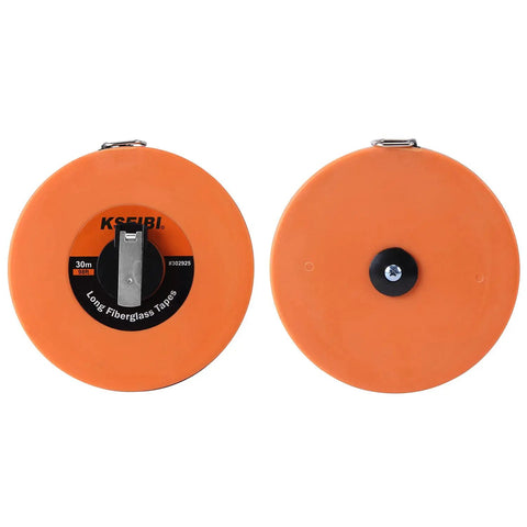 Two orange fiberglass tape measures, dual face inches and millimeters, 66 feet and 20 meters, for precise job site measurements.