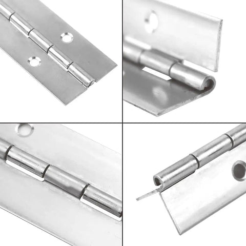 Set Of Two 14 Inch Silver Piano Hinge For Cabinet And Door Hardware Heavy Duty Continuous Stainless Steel 304 Long Hinge close-up view showing hinge design and pin.