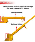 Adjustable tilt angle feature of Heavy Duty Forklift Jib Boom Crane Attachment showing 4 hole positions for angle adjustment.