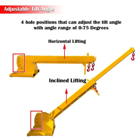 Adjustable tilt angle feature of Heavy Duty Forklift Jib Boom Crane Attachment showing 4 hole positions for angle adjustment.