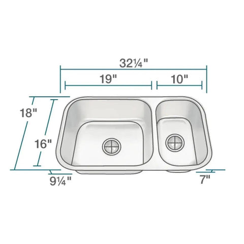 Diagram of Undermount Double Bowl Stainless Steel Kitchen Sink 32 And A Quarter Inch, 16 Gauge, 304 Grade with dimensions