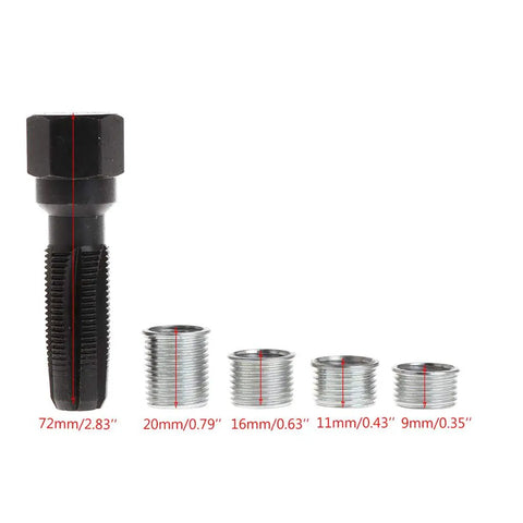 Image of 14mm Ignition Plug Rethread Kit with reamer tap and 4 threaded inserts of various sizes for aluminum cylinder heads.