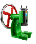 Heavy Duty Cast Iron Arbor Press With 47mm Stroke Manual Crank Bench Tool showing a green body and red wheel for precision work.