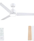 30 Inch Ceiling Fan With Lights And Remote, 5 Reversible Blades, 6 Speeds, Dimmable LED, Quiet DC Motor, Three Color Temp Options, Great For Bedroom Kitchen Dining Room, White; shown with remote and blade color options.