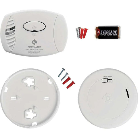 Battery Powered Photoelectric Smoke And Carbon Monoxide Alarm Combo 2 Pack Dual Sensor Protection For Home Easy Install Long Life Battery Model SM210 CO400 10 Year Warranty with mounting hardware and battery.