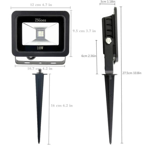 Cool White 10W LED Flood Light Outdoor IP65 Waterproof Security Landscape Lamp for Wall Spike Stand with Measurements