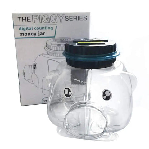 Smart Digital Piggy Bank For Kids And Adults, Clear Pig Shaped Money Jar With LCD Counter, product box in background