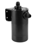 Yukofe Universal Air Oil Separator Catch Can, Black Stainless Steel Construction For Car Engine Modification, side view with fittings.