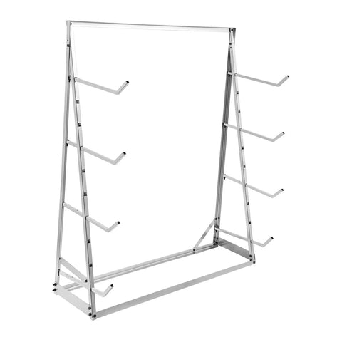 Dang Tough Heavy Duty Adjustable Cantilever Storage Rack Holds 440 Pounds Easy Shift Pipe And Lumber Organizer Shelf No Drill Freestanding Garage Rig For Workshop Space, silver finish with adjustable arms.