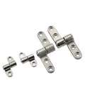 Four silver zinc alloy adjustable torque hinges with mounting holes (front view)