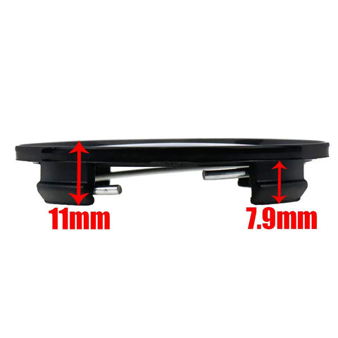 Side view of 63mm Wheel Center Caps Set Of 4 Black Hub Covers Replacement showing 11mm and 7.9mm thickness indicators