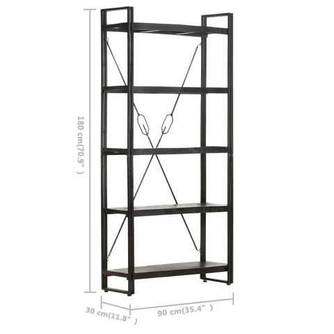 Industrial Five Tier Bookcase With Solid Mango Wood Shelves And Black Powder Coated Steel Frame Seventy Point Nine Inches Tall