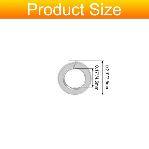 Front view of silver stainless steel split lock washer, size #8; outer 7.5mm, inner 4.5mm