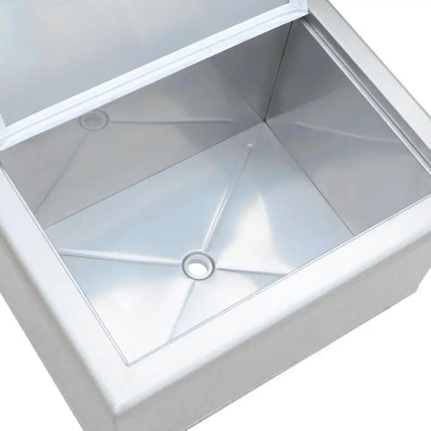 Pro-Level 23X17 Drop-In Stainless Steel Ice Chest With Rock-Solid Dual-Wall Insulation interior view showcasing drain hole.