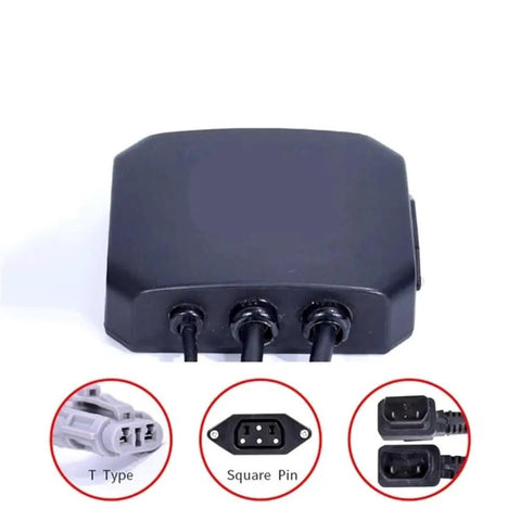 Dual Electrical Parallel Device For Ts Tc Max E Bikes Scooters And Motorcycles Lets You Run Two Batteries In Parallel For Extended Power Life Easy Install L Type Square Mount Twin Battery Connector For Longer Ride Time, showing connector pins and ports.