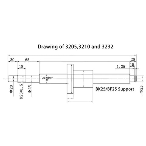 Drawing of Badass C7 Ball Screw Set SFU3210 500mm dimensions with BK25 BF25 support specifications for CNC use.
