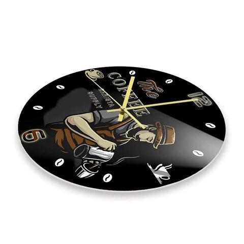 Barista Coffee Wall Clock 12 Inch Acrylic Print Battery Operated Silent Quartz Timepiece For Cafe Shop Decor Gift For Coffee Lovers Non Ticking Design