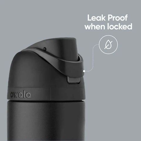 Close-up of FreeSip Insulated Stainless Steel Water Bottle With Straw And Locking Push Button Lid BPA Free Sports Bottle, denim color.