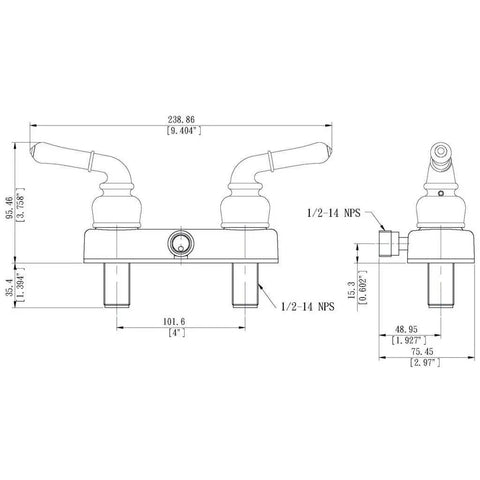 Technical diagram of RV And Mobile Home Shower Valve With Handheld Shower Kit, 4-In Centerset 2-Handle Wall Mount, dimensions labeled.