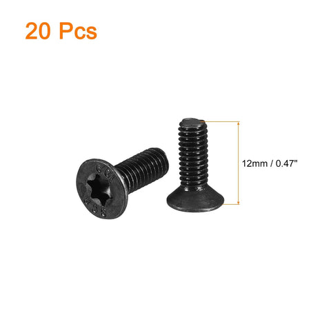 Tough As Nails M4 T20 Torx Screws Flat Head Machine Fasteners 10.9 Grade Alloy Steel Black Oxide Finish 20 Piece Set with 12mm length.