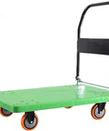 Foldable Flatbed Cart With A Rock Solid Textured Metal Platform And Grippy Four Wheels For No Sweat Moving Of Workshop Tools Hardware And Heavy Gear Around The House Or Garage, featuring green textured deck.