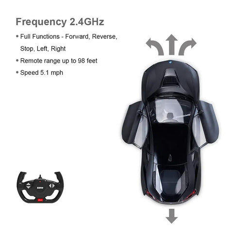 Top view of BMW I8 1:14 Scale Remote Control Car With Open Scissor Doors, Matte Black RC Toy Vehicle with remote shown.