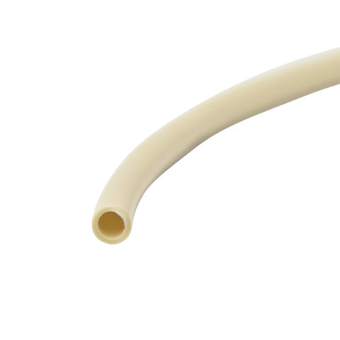 Close-up of sand-colored 1/4 inch drip irrigation tubing, 50 ft length. One Quarter Inch Drip Irrigation Tubing Fifty Foot Length For Drippers Drip Emitters And Drip Systems Sand Colored Polyethylene Perfect For Gardens Lawns Planters And Pots Plug And Play Flexible Low Flow Tubing For Home Irrigation.