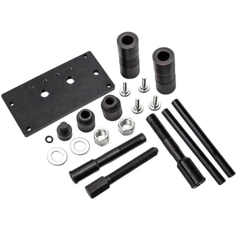 Get This Hot Installer Puller Tool For Twin Cam Engines Perfect For 1999 To 2006 Models With Awesome Locking Mechanism For Quick And Easy Installation Plus Removal Jobs Without Any Headaches Or Struggles. Black steel Twin Cam installer puller tool kit with bolts, rods, plate, and spacers