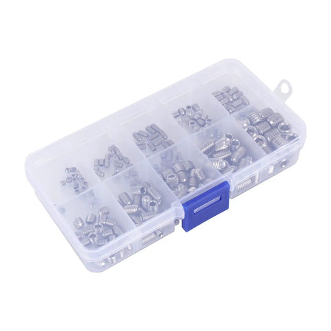 200 Piece Stainless Steel Grub Screw Kit Must Have M3 M4 M5 M6 M8 Hex Socket Assortment in clear plastic storage box