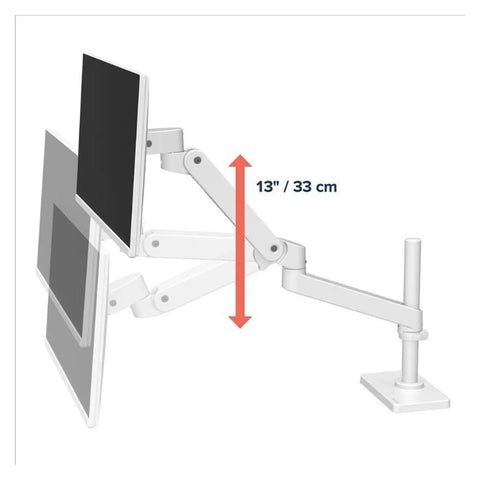 Rock Solid High Pole Desktop Monitor Stand With Heavy Gauge Aluminum Robotic Lifting Arm and Secure Vise Clamp showing adjustable height up to 13 inches.