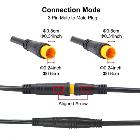 Male to Male Ebike Extension Cable for Electric Bike Display and Gear Shift Sensor, 2Pin 3Pin 5Pin Waterproof Connectors, Expand Ebike Light and Twist Throttle, IPX6 All Weather, 50 cm, Yellow