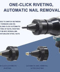 Cordless Automatic Rivet Nut Gun With Memory And Normal Modes Professional Portable Blind Riveting Tool showing one-click automatic riveting and nail removal.