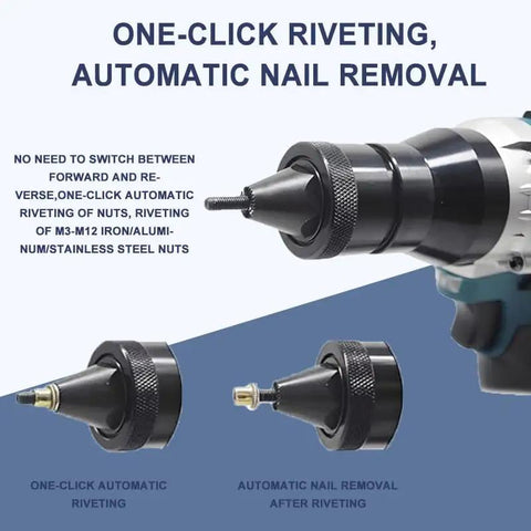 Cordless Automatic Rivet Nut Gun With Memory And Normal Modes Professional Portable Blind Riveting Tool showing one-click automatic riveting and nail removal.