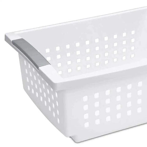 Medium Stacking Baskets Pack Of 6 With White Finish And Titanium Accents, Durable Plastic Organizer Bins For Office Supplies