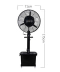 Straight Up Heavy Duty Industrial Humidifying Misting Fan With Three Speed Options For Warehouse Gym And Patio Use Rock Solid Oscillating Floor Pedestal Cooler, front view with dimensions 71cm width, 175cm height.