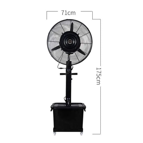 Straight Up Heavy Duty Industrial Humidifying Misting Fan With Three Speed Options For Warehouse Gym And Patio Use Rock Solid Oscillating Floor Pedestal Cooler, front view with dimensions 71cm width, 175cm height.