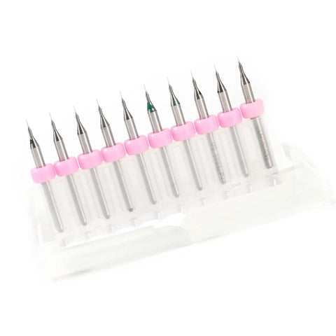 10 Piece Tungsten Carbide Drill Bit Set 0.1mm Precision For Electronics Prototyping And Detailed Modeling, PCB, Jewelry, Plastic, Wood, And CNC Use With Spiral Flute Design For Clean Holes in a row with pink holders