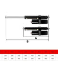 Dropdead Rugged Linear Actuator Dropping 25K Newton dimensions showing stroke lengths A and B for 12V 24V 48V DC use.