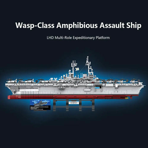 Side view of US Navy Warship Brick Set 1 To 300 Scale Wasp Class Amphibious Assault Carrier Model With Over 5200 Bricks