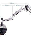 Heavy Duty Aluminum Spring Arm Desk Mount Supports 17 To 27 Inch Screens With A Dang Sturdy Clamp Super Smooth Tilting Action For Zero Sweat Ergonomic Office Setup, showing dimensions and clamp detail.