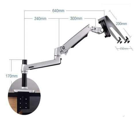 Heavy Duty Aluminum Spring Arm Desk Mount Supports 17 To 27 Inch Screens With A Dang Sturdy Clamp Super Smooth Tilting Action For Zero Sweat Ergonomic Office Setup, showing dimensions and clamp detail.