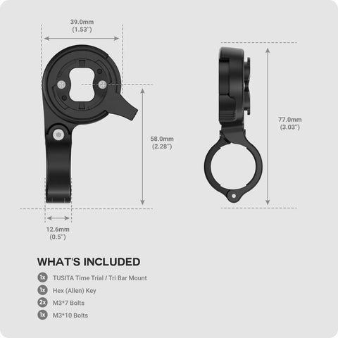 Illustration of Dope Tri Bar Time Trial Mount For Garmin Edge GPS, detailing dimensions and included parts.